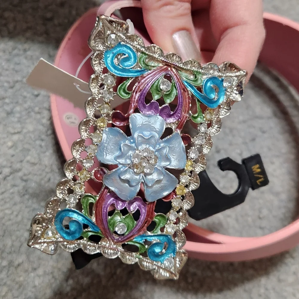 New y2k m/l pink enamel cz floral buckle bling belt